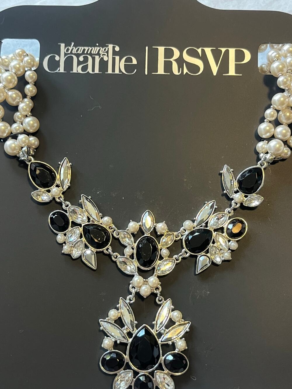 Charming Charlie RSVP Statement Necklace Crystal Rhinestone Pearl Bib Chandelier